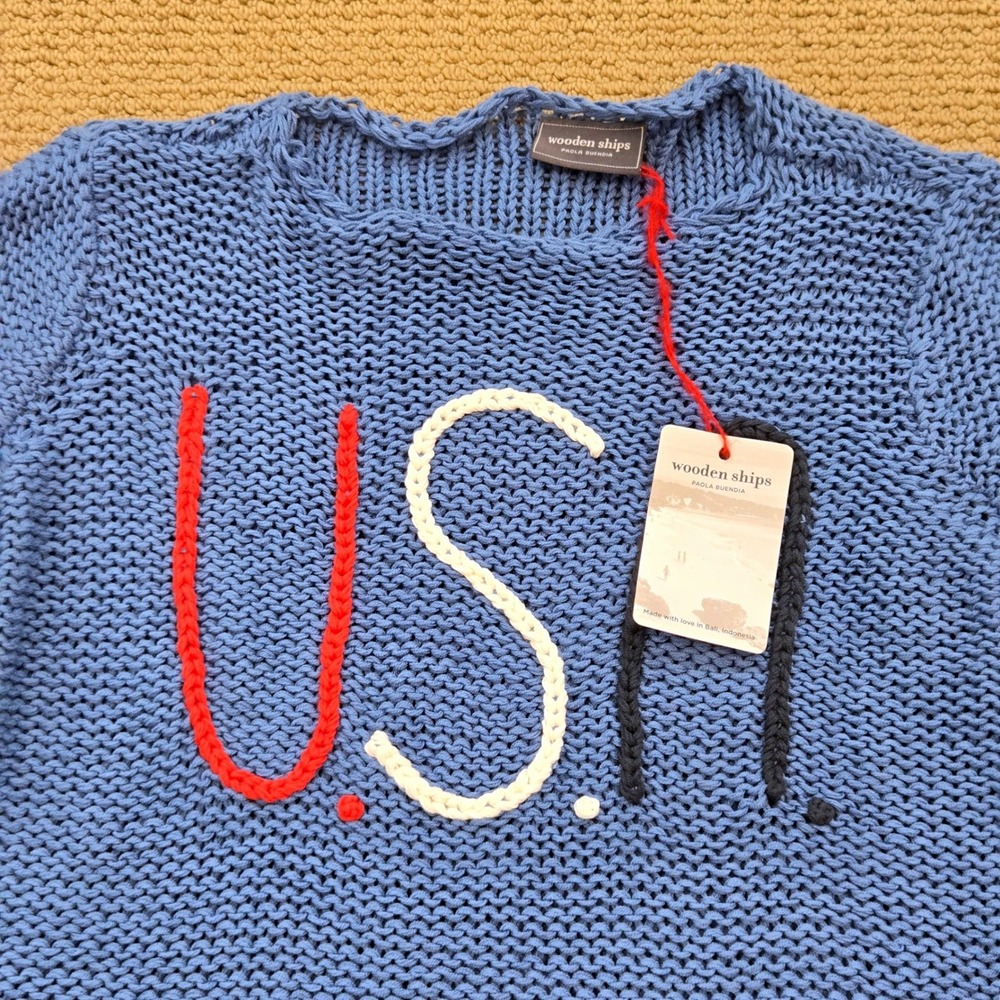 Wooden Ships Women S/M USA Sweater chunky Loose Knit Blue Patriotic Pullover NEW - Picture 2 of 9